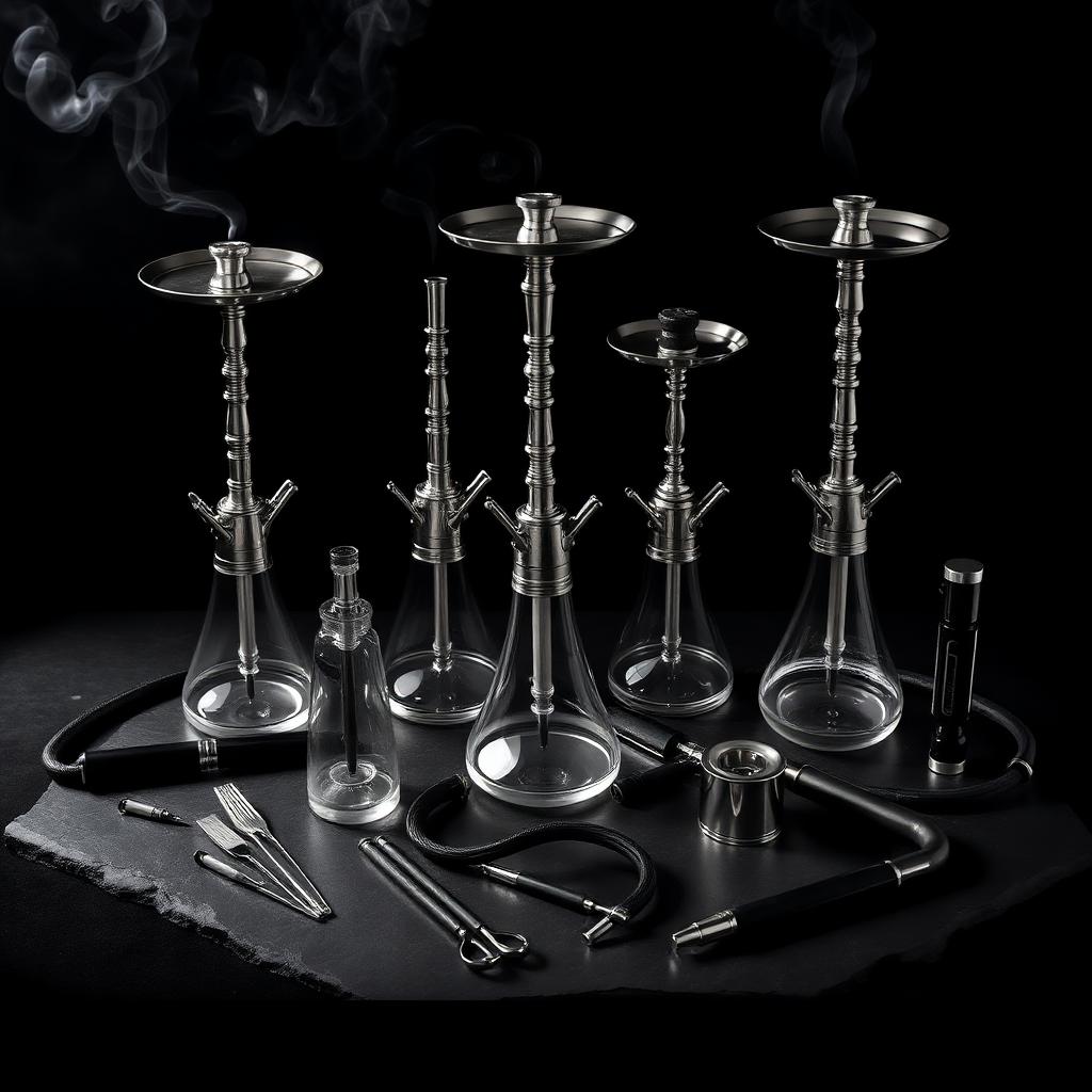 Premium hookahs and accessories collection on dark slate